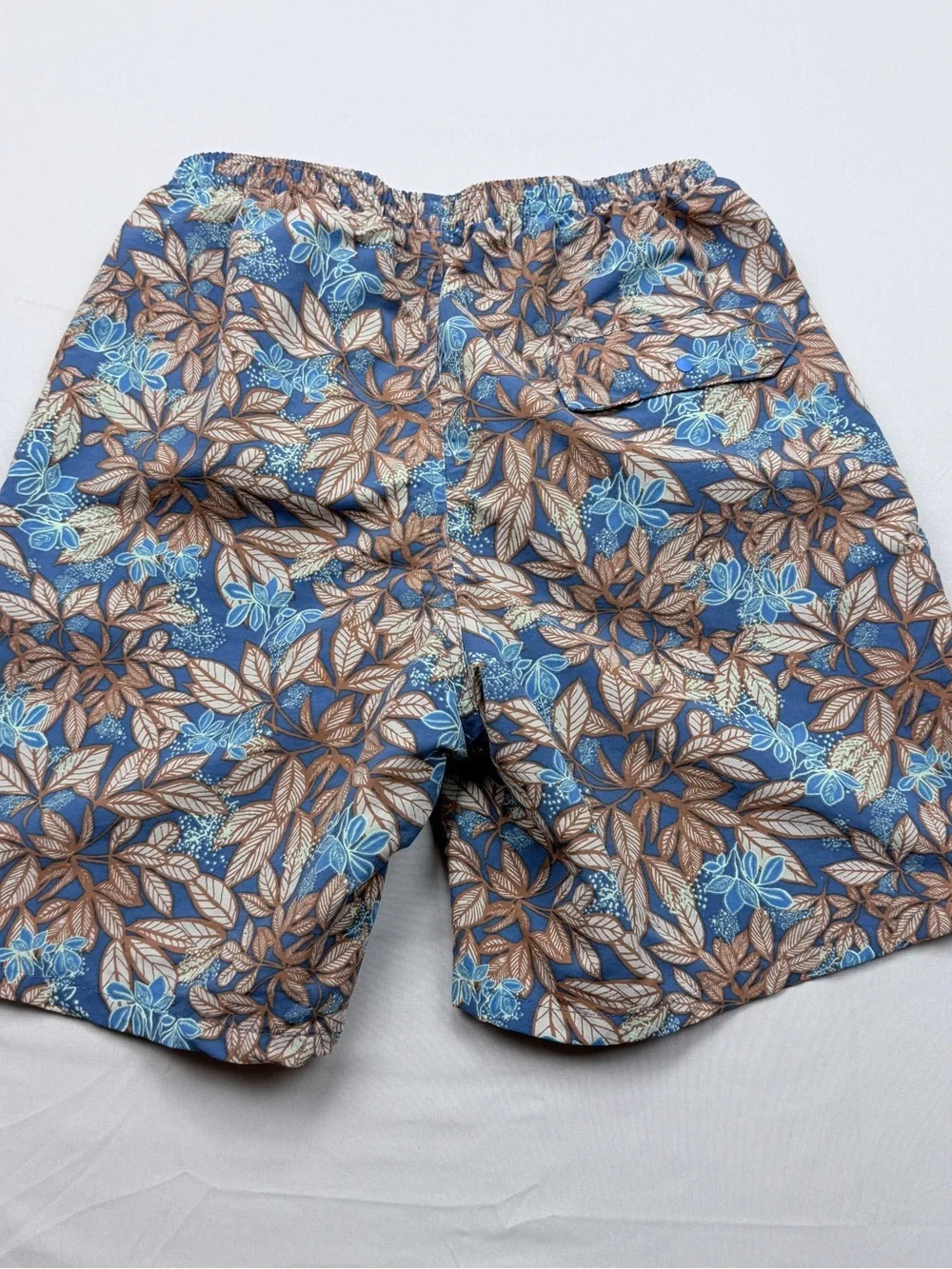 Patagonia Blue and Brown Leaf-Print Swim Trunks